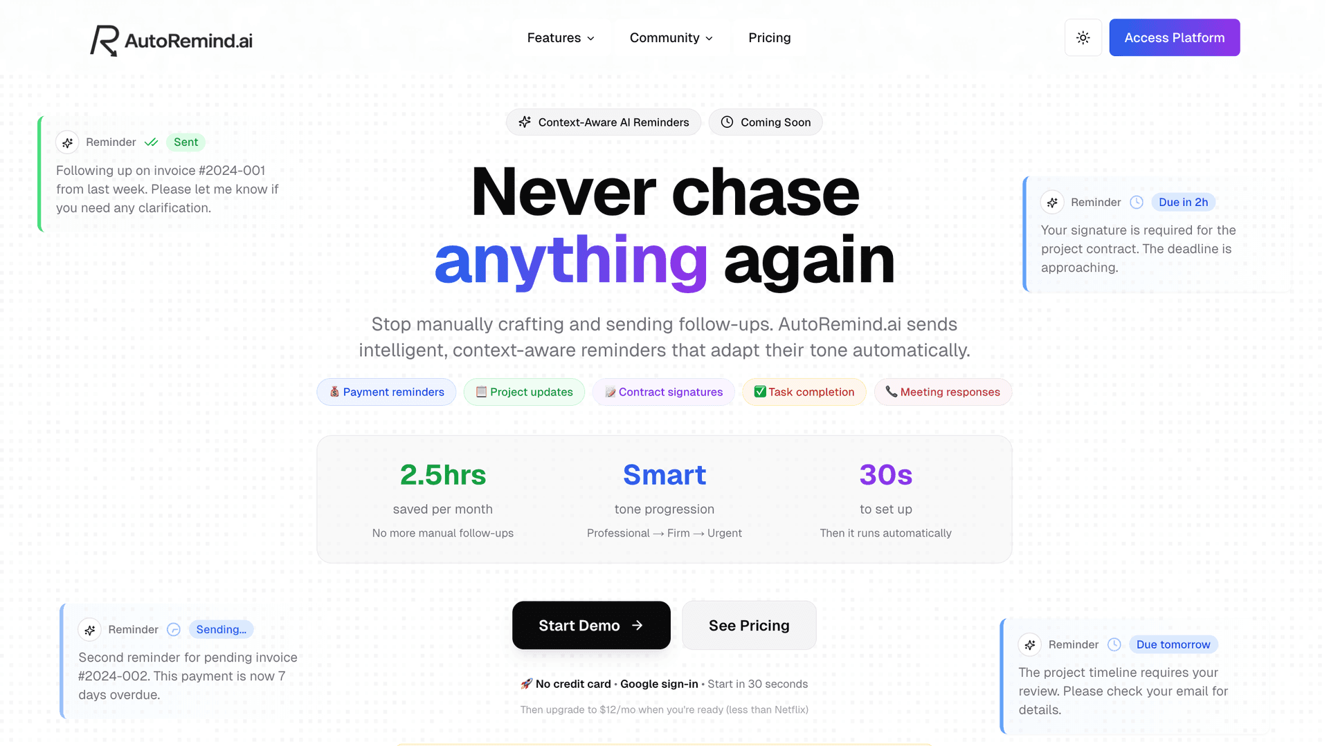 Try AutoRemind.ai, an AI assistant that automates follow-ups, saving time and boosting productivity for freelancers and professionals