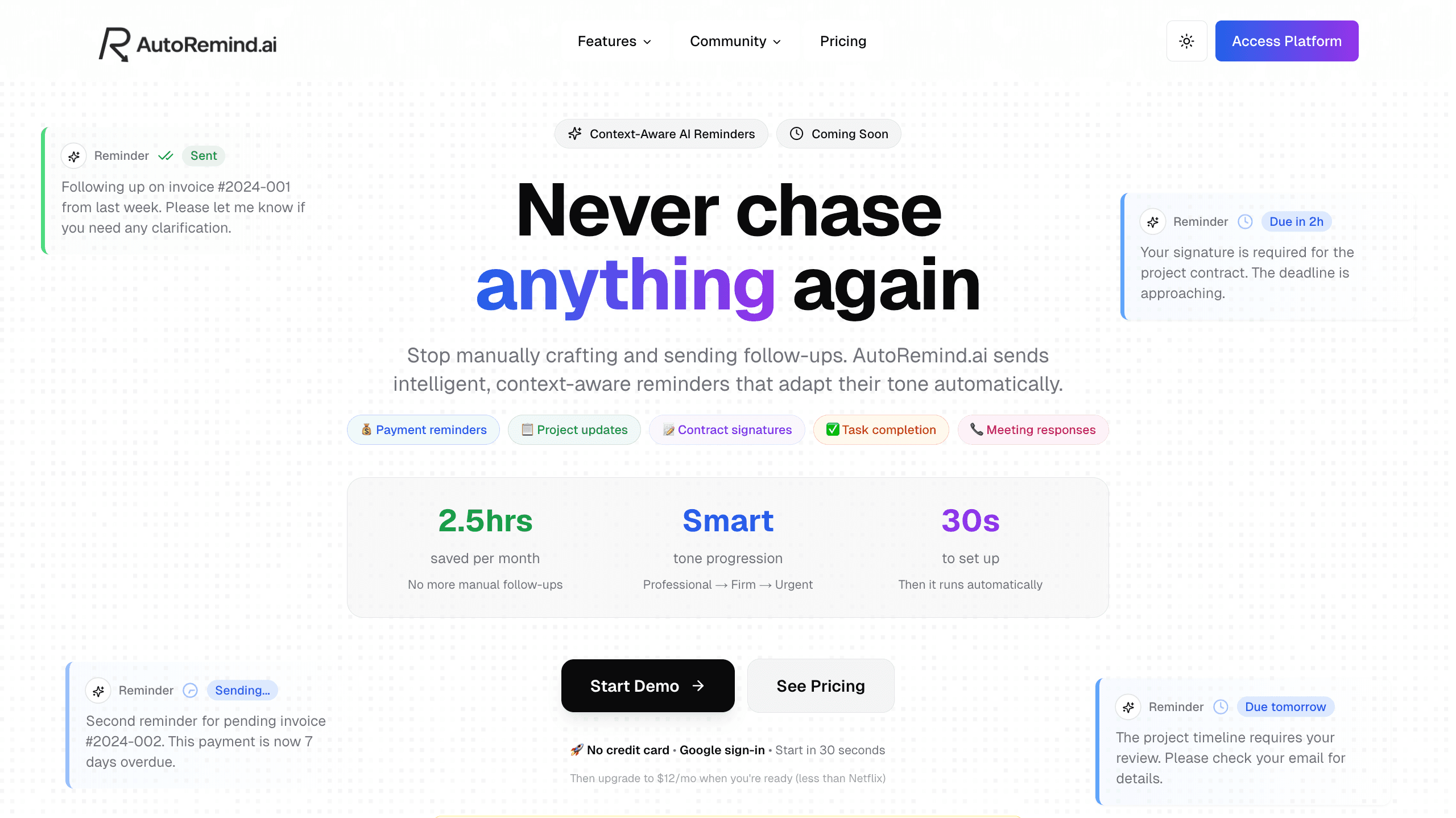 Try AutoRemind.ai, an AI assistant that automates follow-ups, saving time and boosting productivity for freelancers and professionals